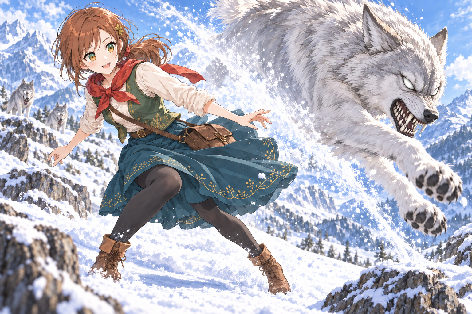 白い目をぎらつかせて飛びかかる雪狼を、笑顔でひらりとかわすコハル。